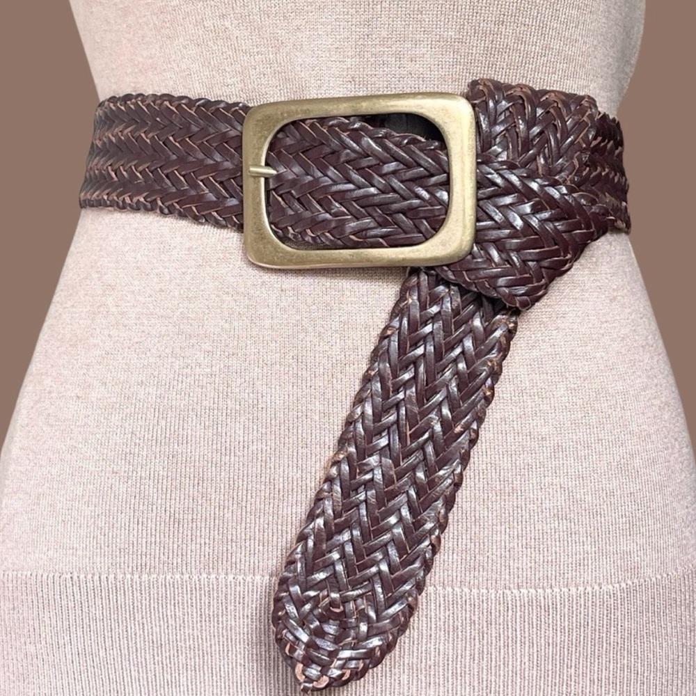 Square Buckle Wide Oversized Brown Woven Braided Leather Belt Size L